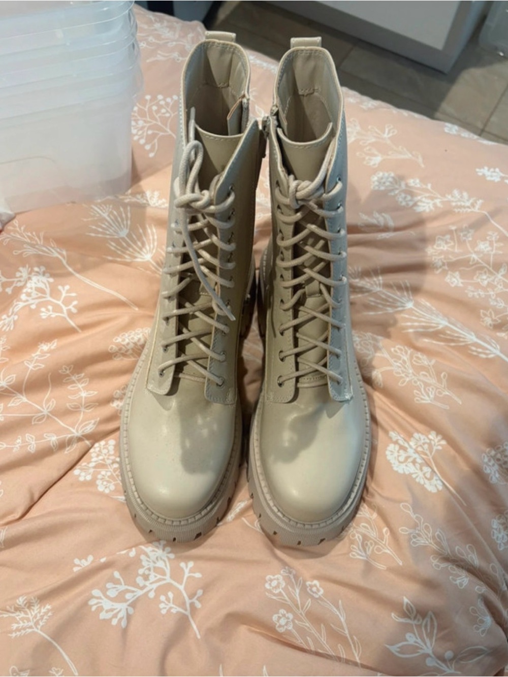 Madden Girl Lace-Up Platform Combat Boots in Beige